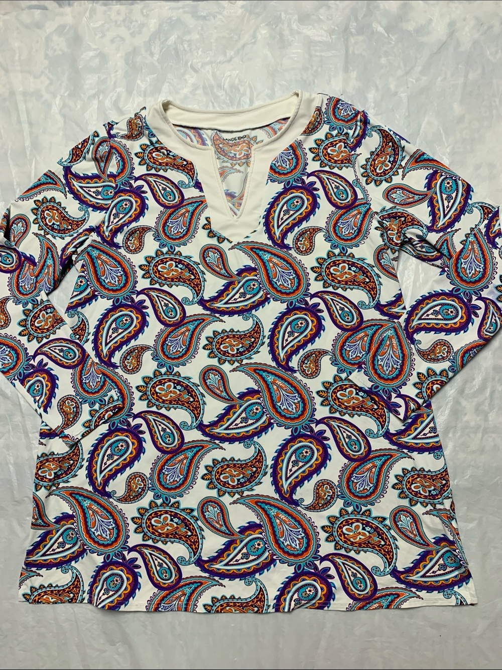 Lands End Swim UPF 50 Paisley Print V Neck Tunic Top Coverup Sz L